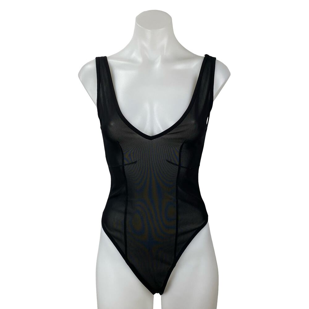 Zara Women's Black Sheer Mesh Tulle Scoop Neck Sleeveless Tank Bodysuit Top Sz S